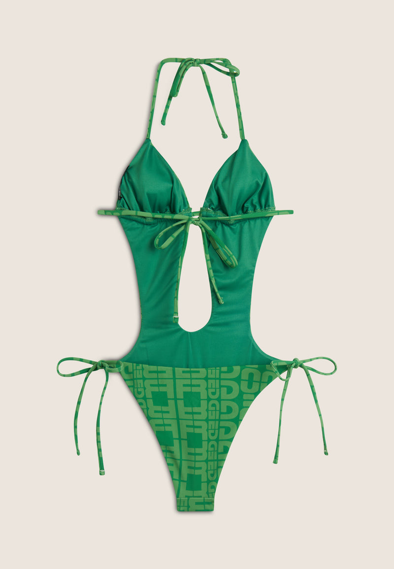 Einteiliger Badeanzug mit Cut-outs und Allover-Logo-Print - GREEN
