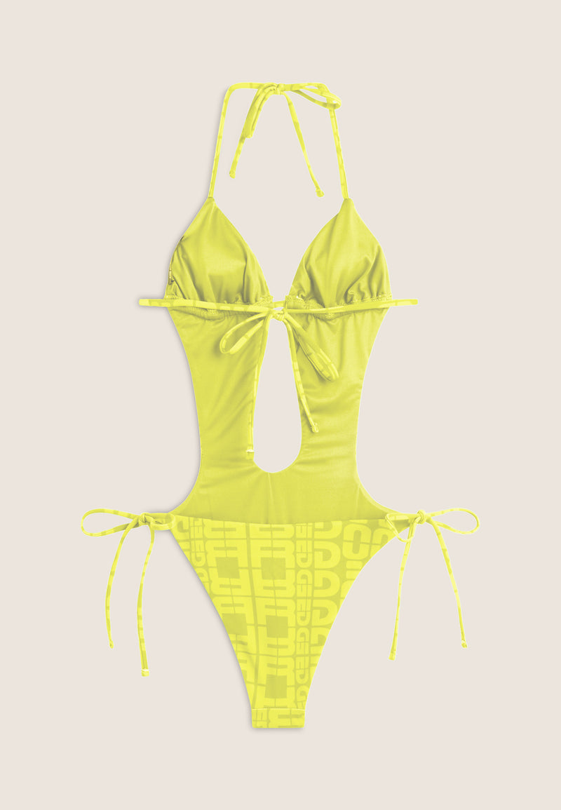 Einteiliger Badeanzug mit Cut-outs und Allover-Logo-Print - LIME