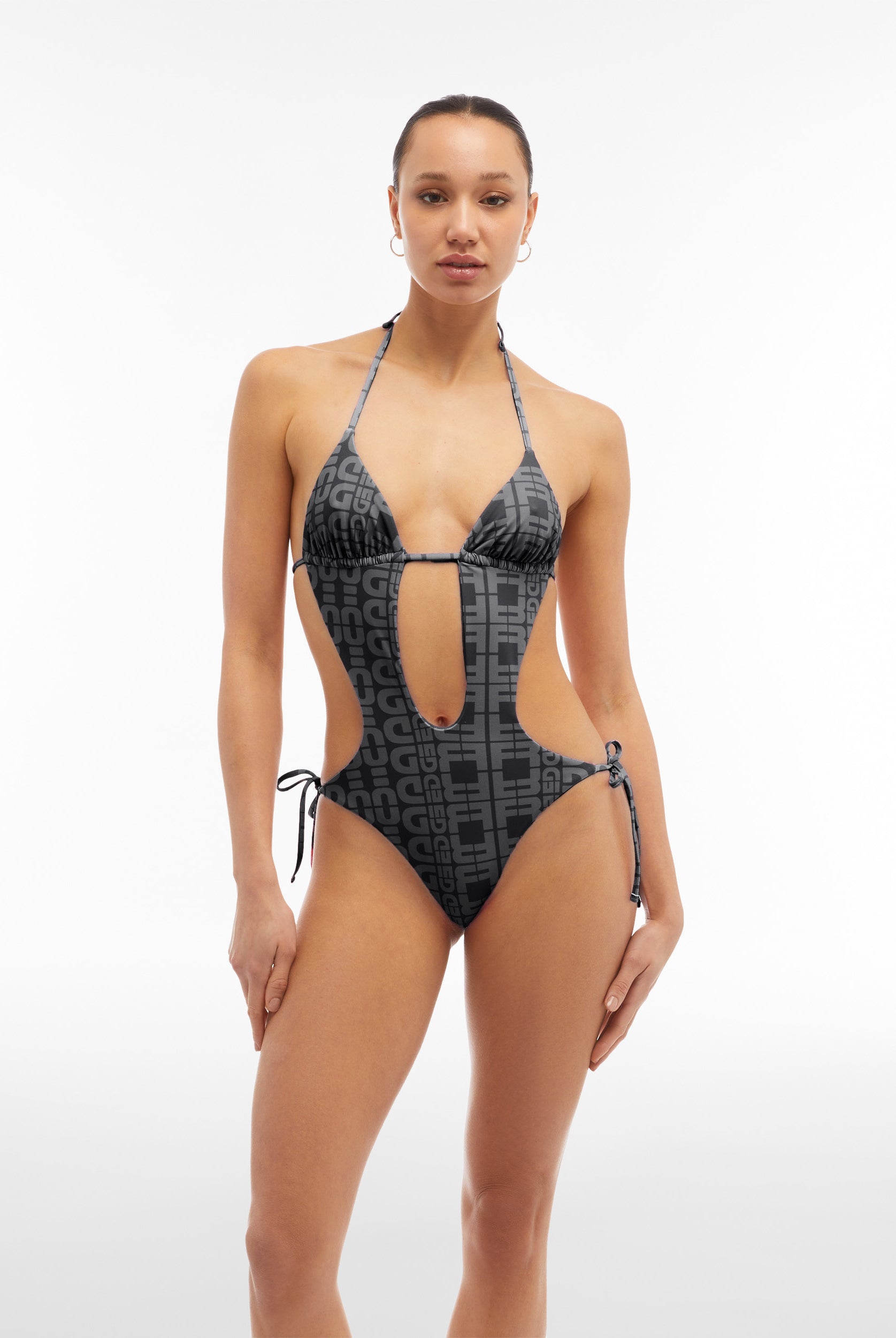 Einteiliger Badeanzug mit Cut-outs und Allover-Logo-Print - BLACK