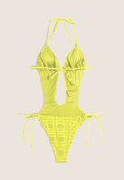 Einteiliger Badeanzug mit Cut-outs und Allover-Logo-Print - LIME