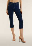 N.O.W. Yoga High Waist Skinny Capri Denim Jeans - Denim Dark Blue - Beige Seam